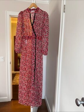Patrizia Pepe  red white floral long sleeve Slit Front  maxi semi sheer dress 44
